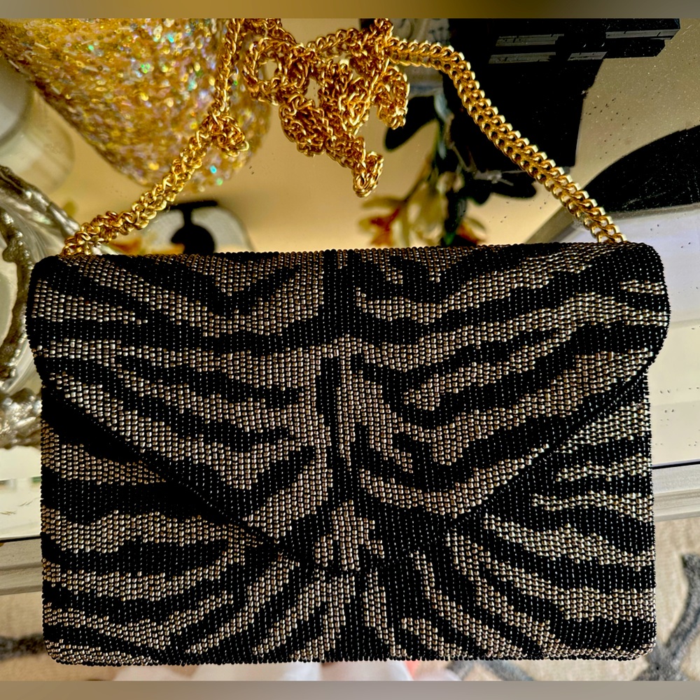 Beaded zebra print envelope clutch